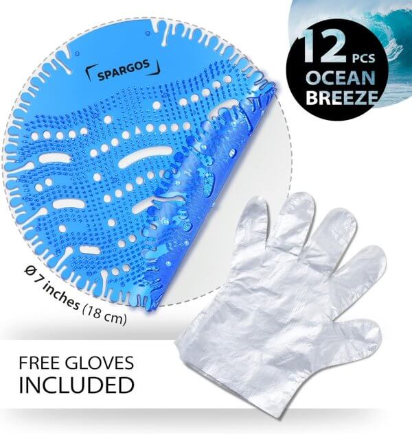 Urinal Screen Deodorizer (12 Pack) Urinal Cakes Anti-Splash Toilet Smell Refresher protection for Bathroom Office Stadiums Schools with Free Gloves - 12pcs Blue Ocean Breeze